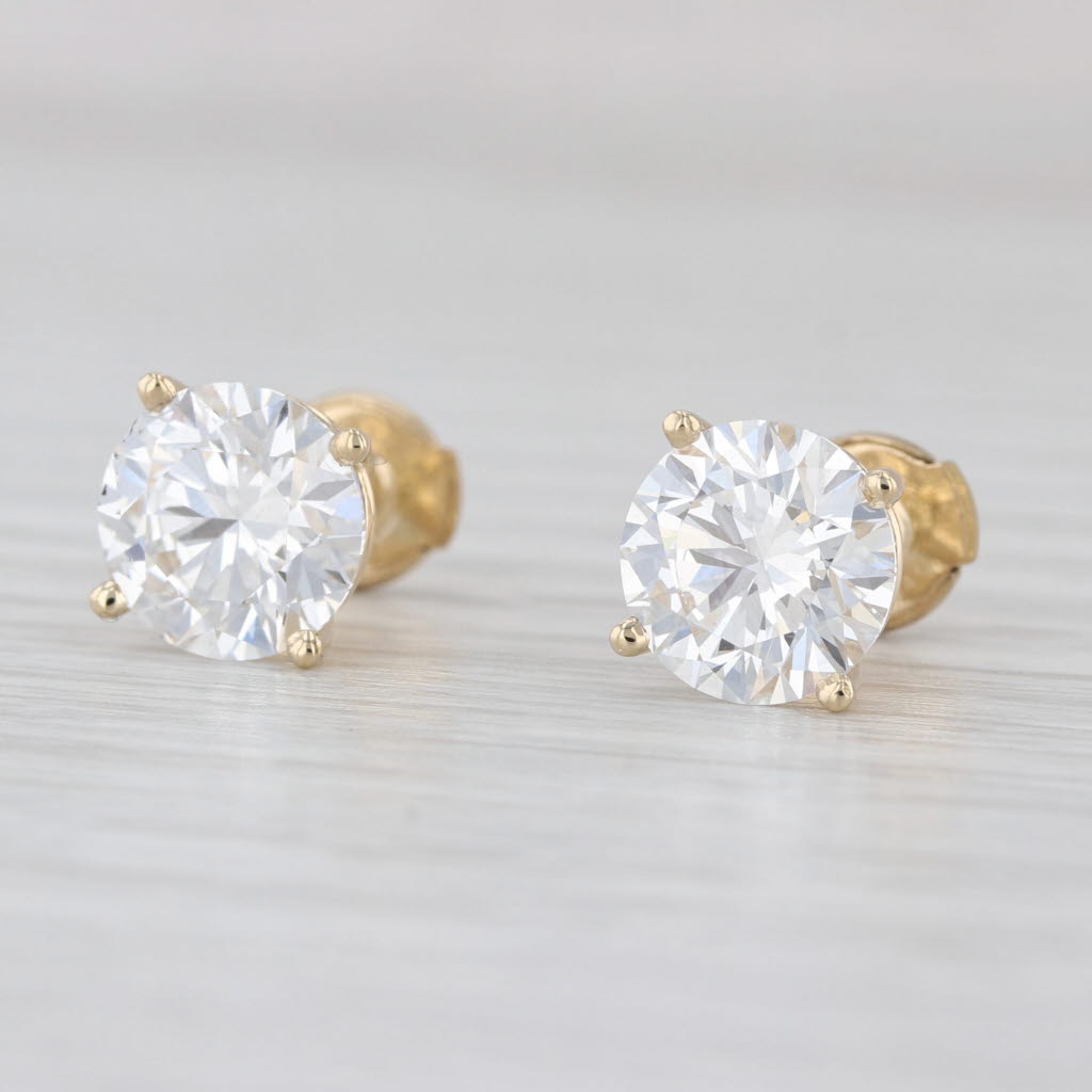 New IGI 4.02ctw Lab Grown Round Diamond Stud Earrings 14k Gold Solitaire Studs