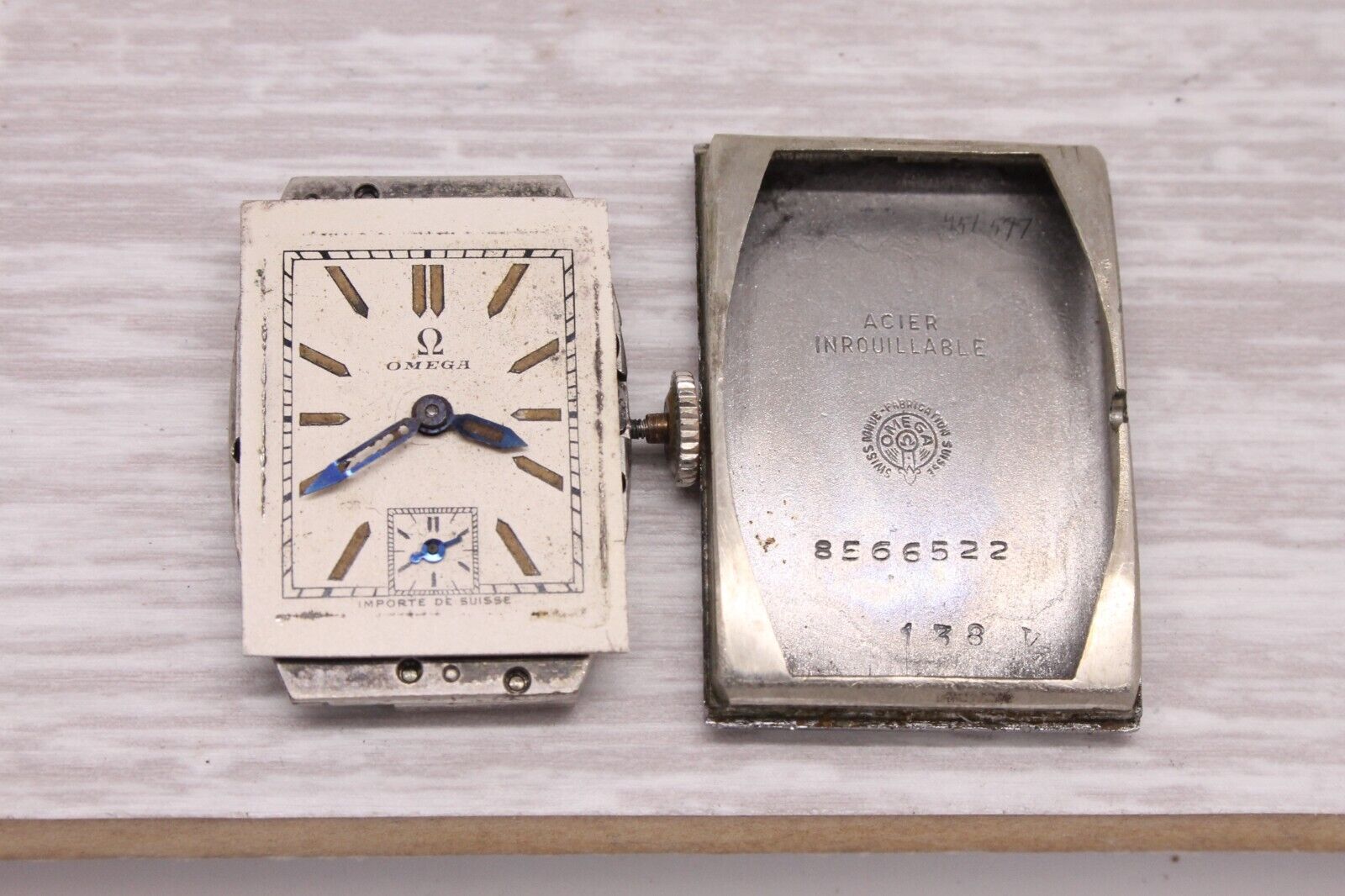 Gray VINTAGE c.1930 Omega Steel Tank Watch cal.20F ORIGINAL Dial Fab Importe Suisse