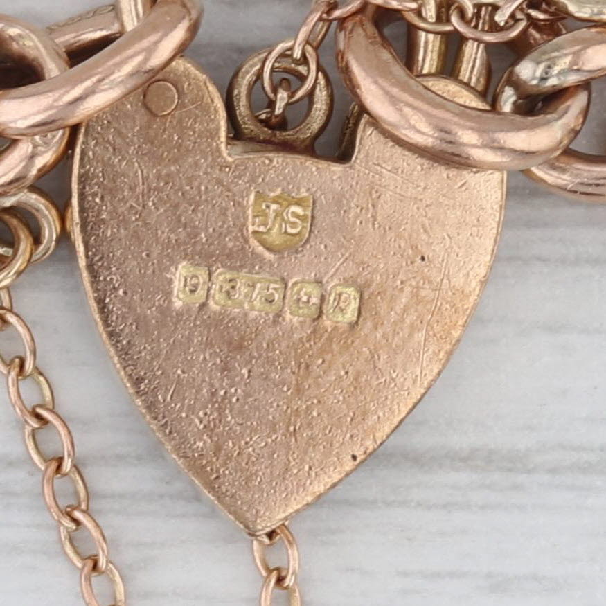 Antique Padlock Heart Clasp Charm Bracelet 9k Rose Gold Curb Chain 7.25"
