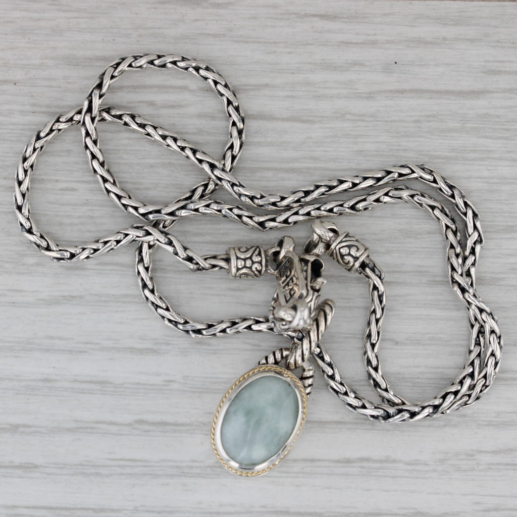 Gray Effy Jadeite Jade Pendant Necklace Sterling Silver 18k Gold 18" Wheat Chain