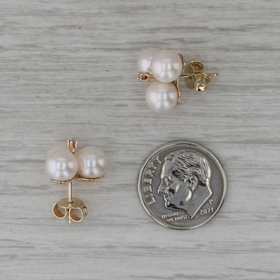 Cultured Pearl Diamond Clover Flower Cluster Stud Earrings 14k Yellow Gold Studs