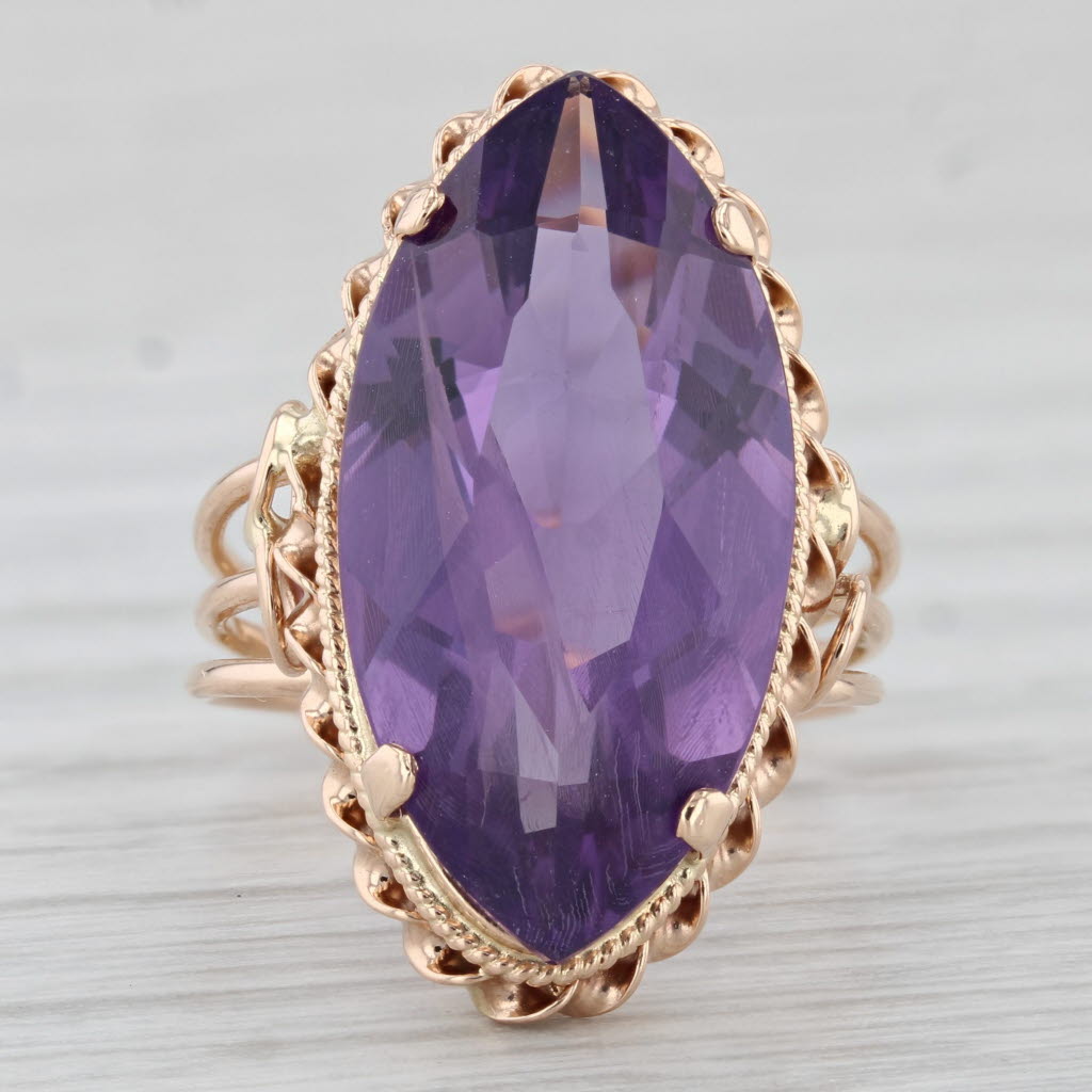 Light Gray Vintage 10.75ct Amethyst Marquise Solitaire Ring 14k Rose Gold Size 5.5 Cocktail