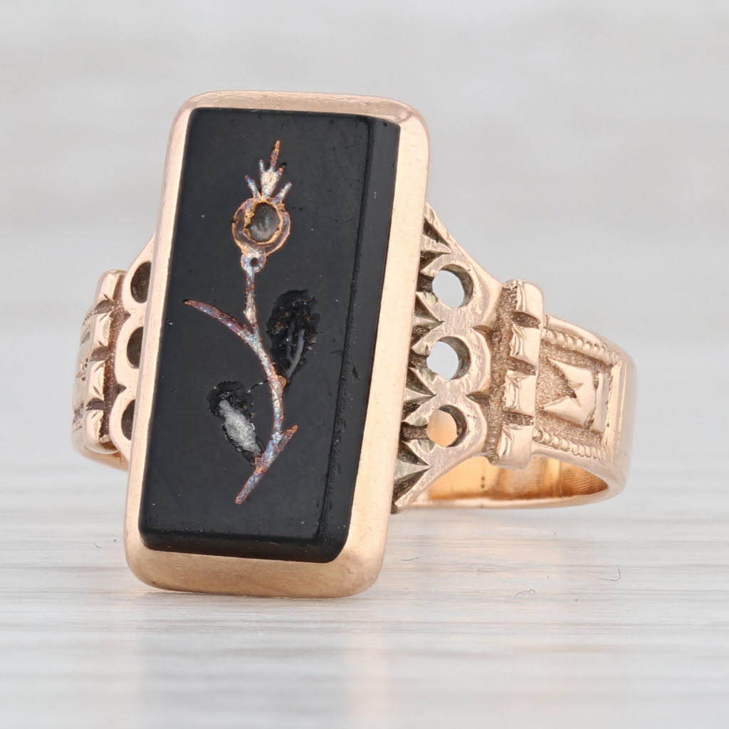 Light Gray Victorian Black Glass Flower Ring 14k Yellow Gold Antique Floral Size 8.25 AS IS
