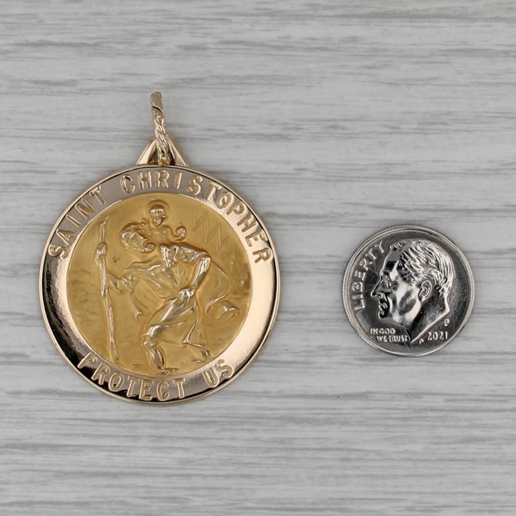 Large Saint Christopher Medallion Pendant 14k Yellow Gold Catholic Token