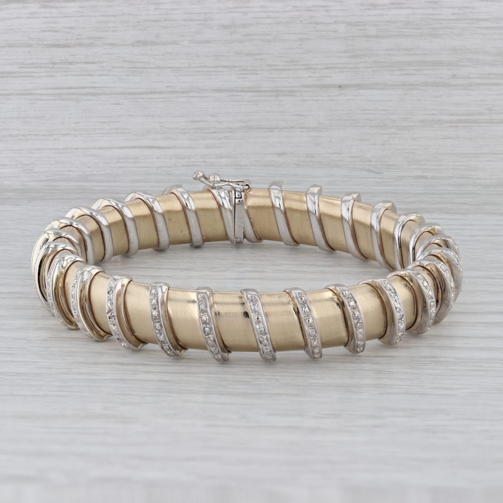 Gray 0.16 ctw Diamond 14K Yellow White Gold Flexible Hinged Bangle Bracelet
