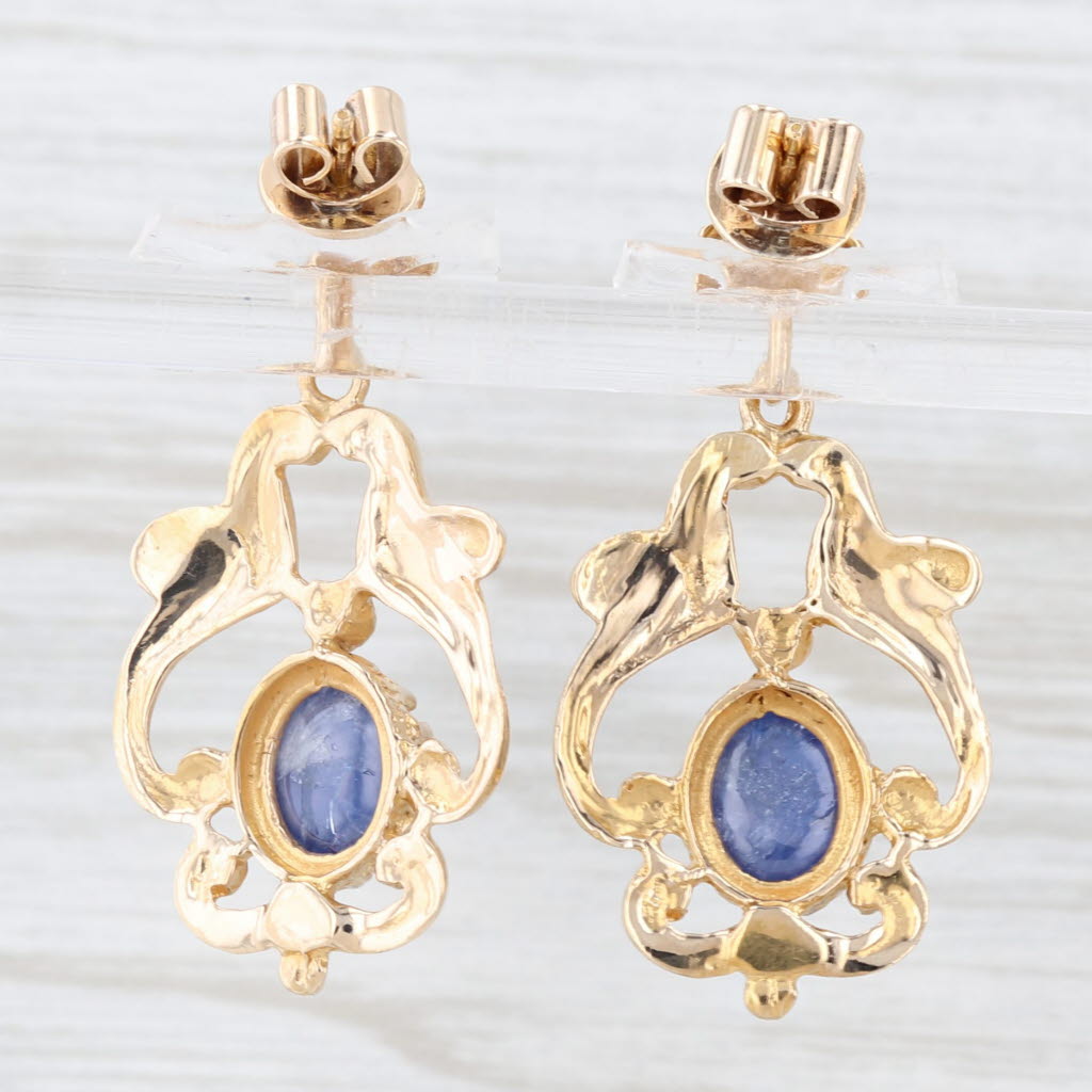 Light Gray Vintage Blue Cabochon Sapphire Dangle Earrings 14k Yellow Gold Ornate Drops