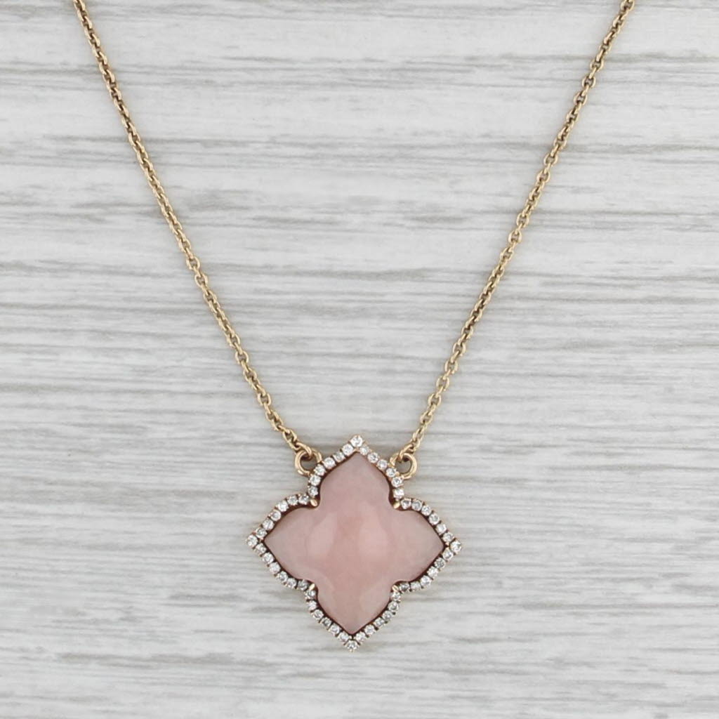 0.15ctw Diamond Halo Pink Opal Pendant Necklace 14k Gold 16" 17" 18" Cable Chain