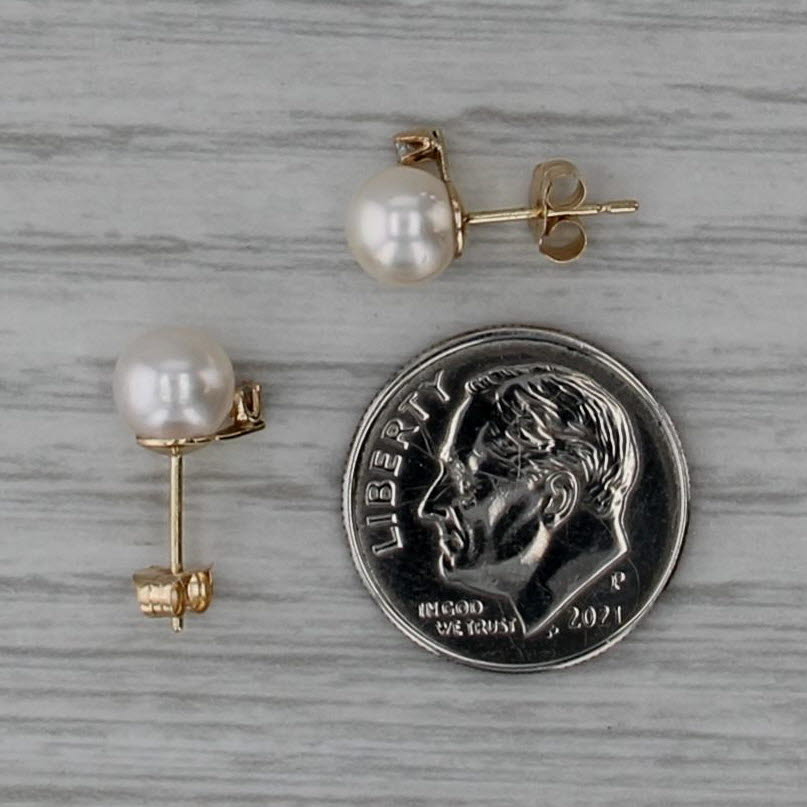 6.2mm Cultured Pearl Diamond Stud Earrings 14k Yellow Gold Small Studs