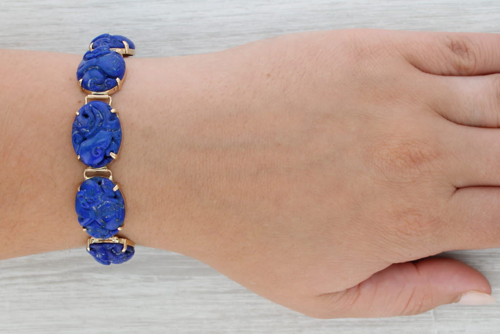 Ornate Carved Oval Cabochon Lapis Lazuli Bracelet 14k Yellow Gold 6.75" 14.4mm