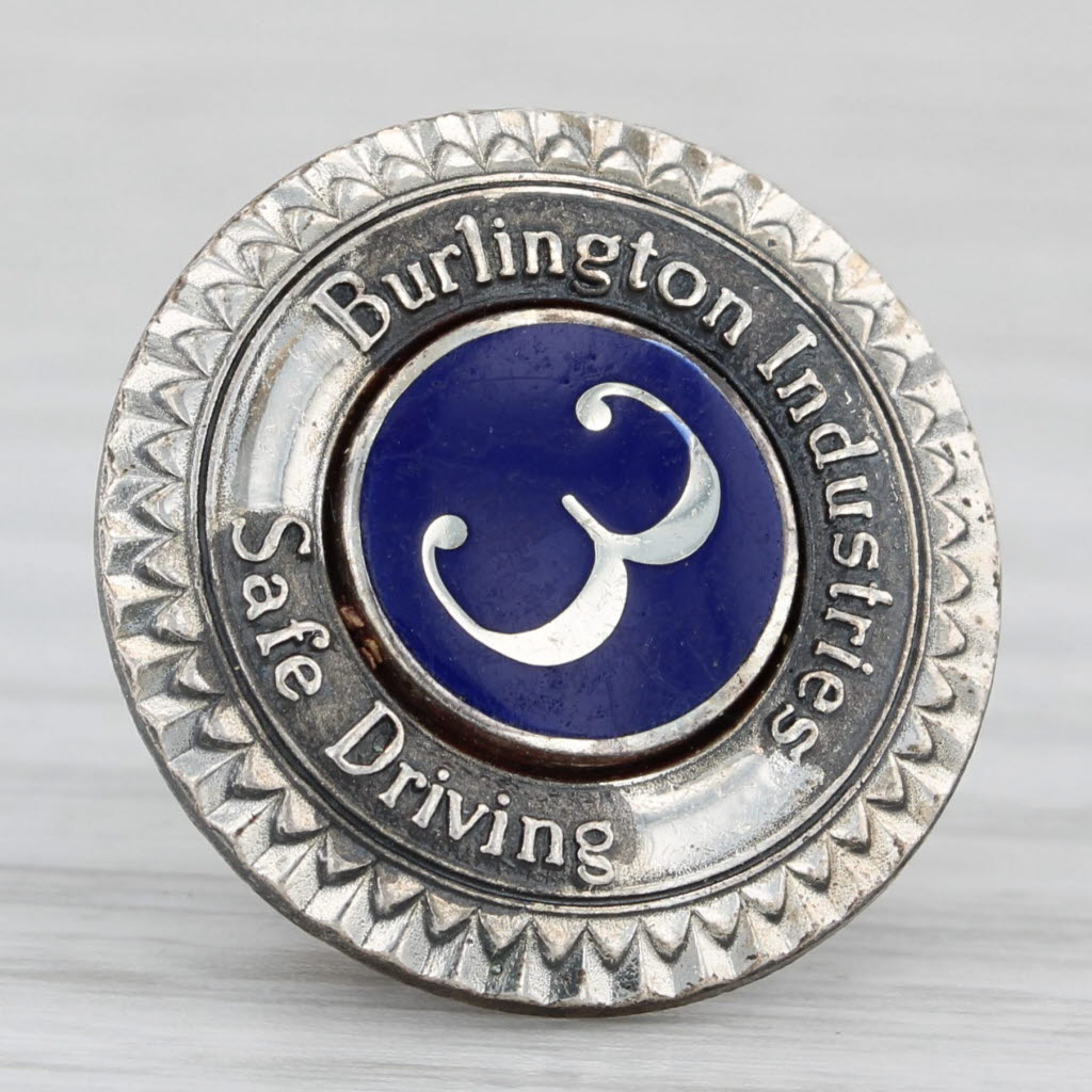 Light Gray Burlington Industries Safe Driver 3 Years Service Award Sterling Silver Enamel