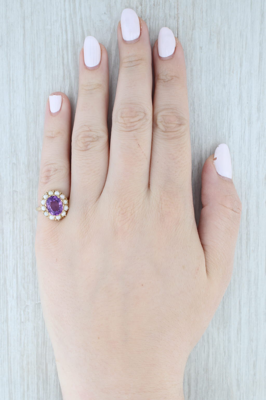 Light Gray Vintage 2.50ct Amethyst Cultured Pearl Halo Ring 14k Yellow Gold Size 7