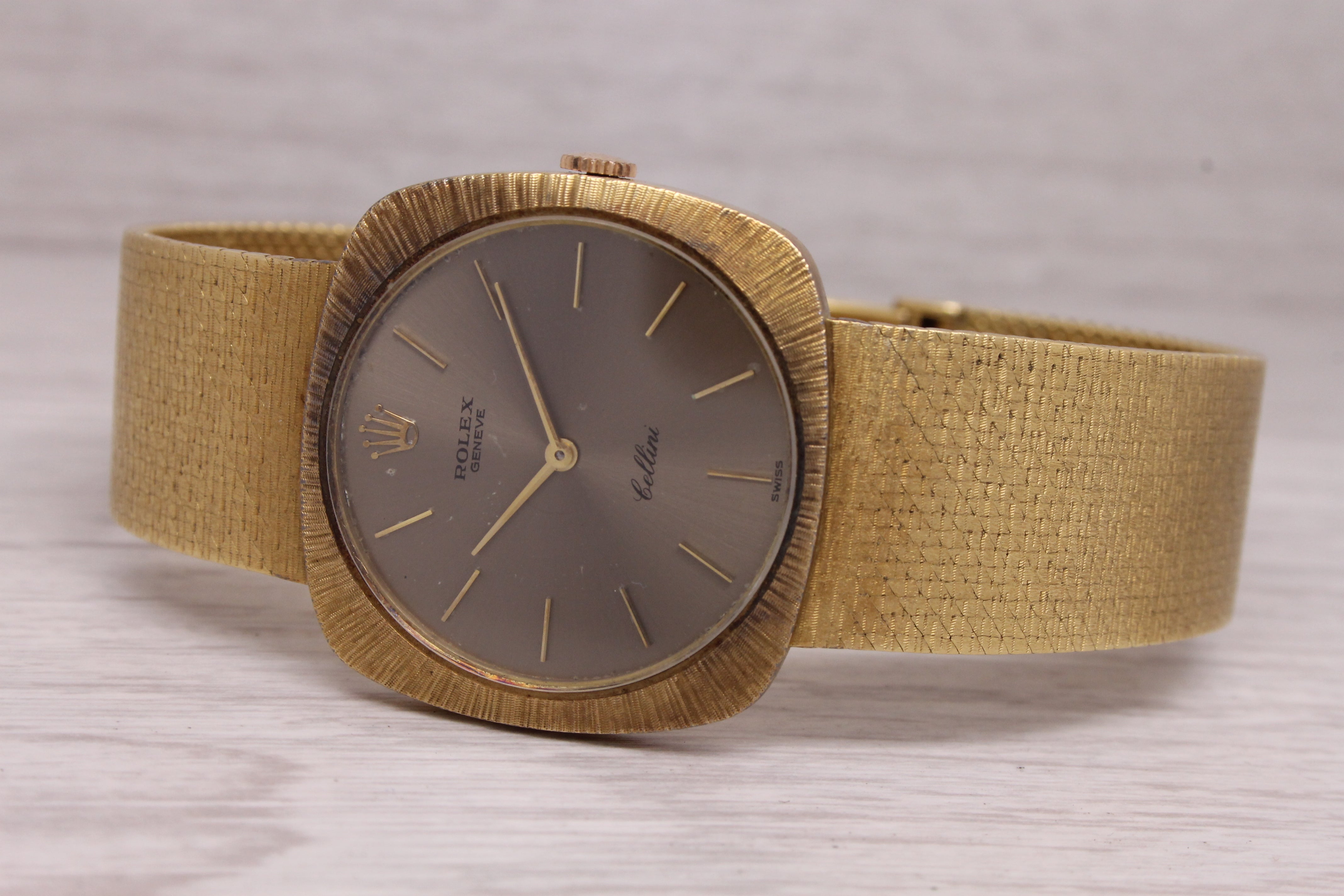 Dark Gray Vintage 1970's Rolex Cellini 18k Mens Yellow Gold Manual Heavy Bracelet Watch