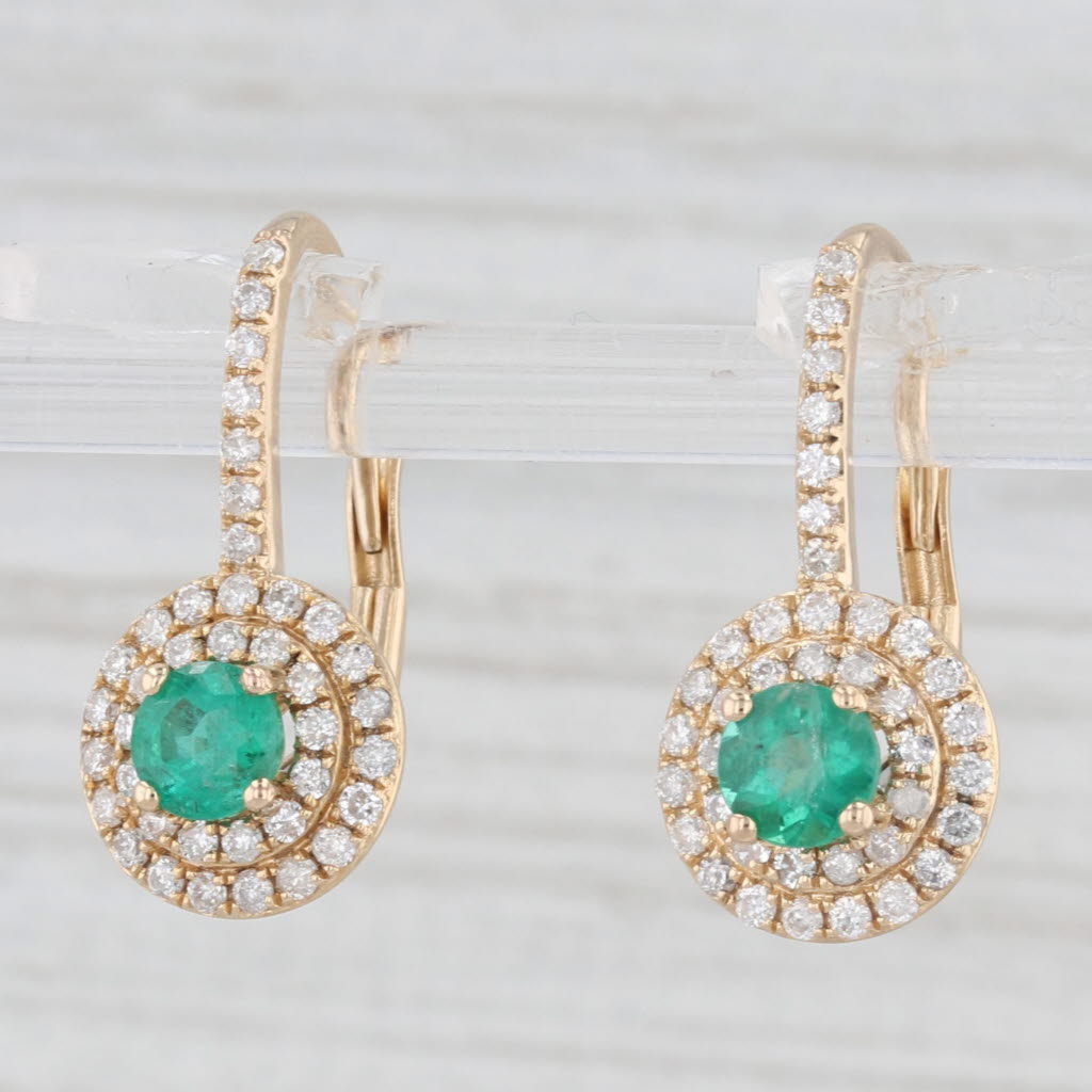 Light Gray 1.32ctw Emerald Diamond Halo Drop Earrings 14k Yellow Gold Lever Backs