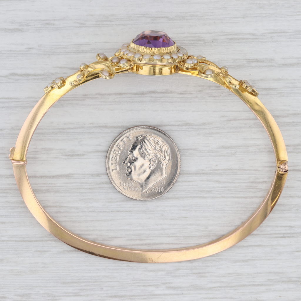 Light Gray Ornate Antique 5.50ct Amethyst Pearl Halo Bangle Bracelet 14k Yellow Gold 6.25"