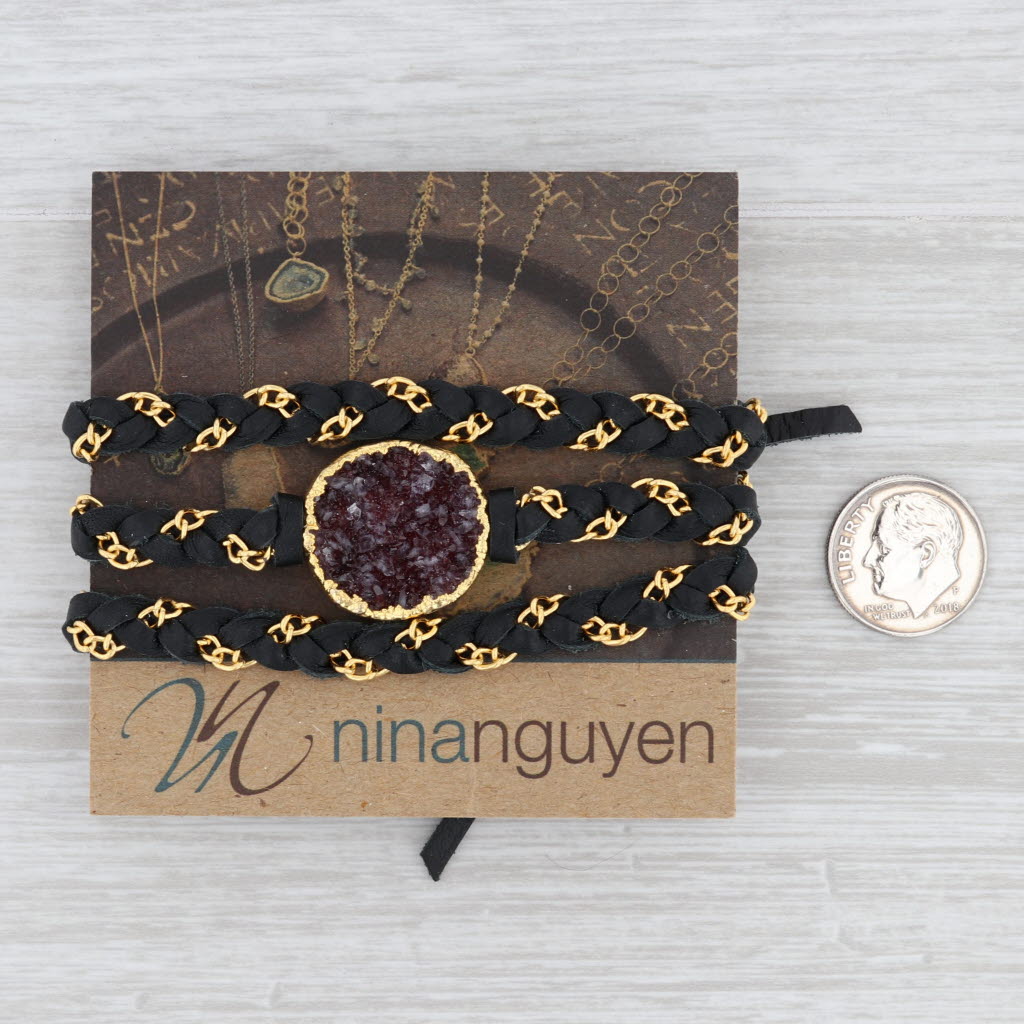 NWT New Nina Wynn Cordelia Necklace Amethyst Druzy Pendant Black Leather