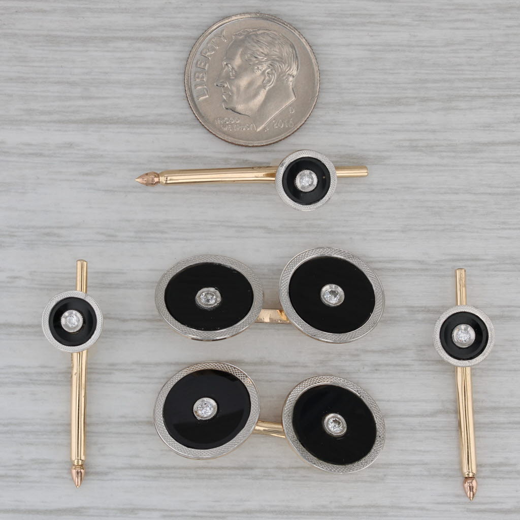 Dark Gray 5 Piece Set Cufflinks Shirt Studs 14k Gold Platinum Onyx 0.21ctw Diamond