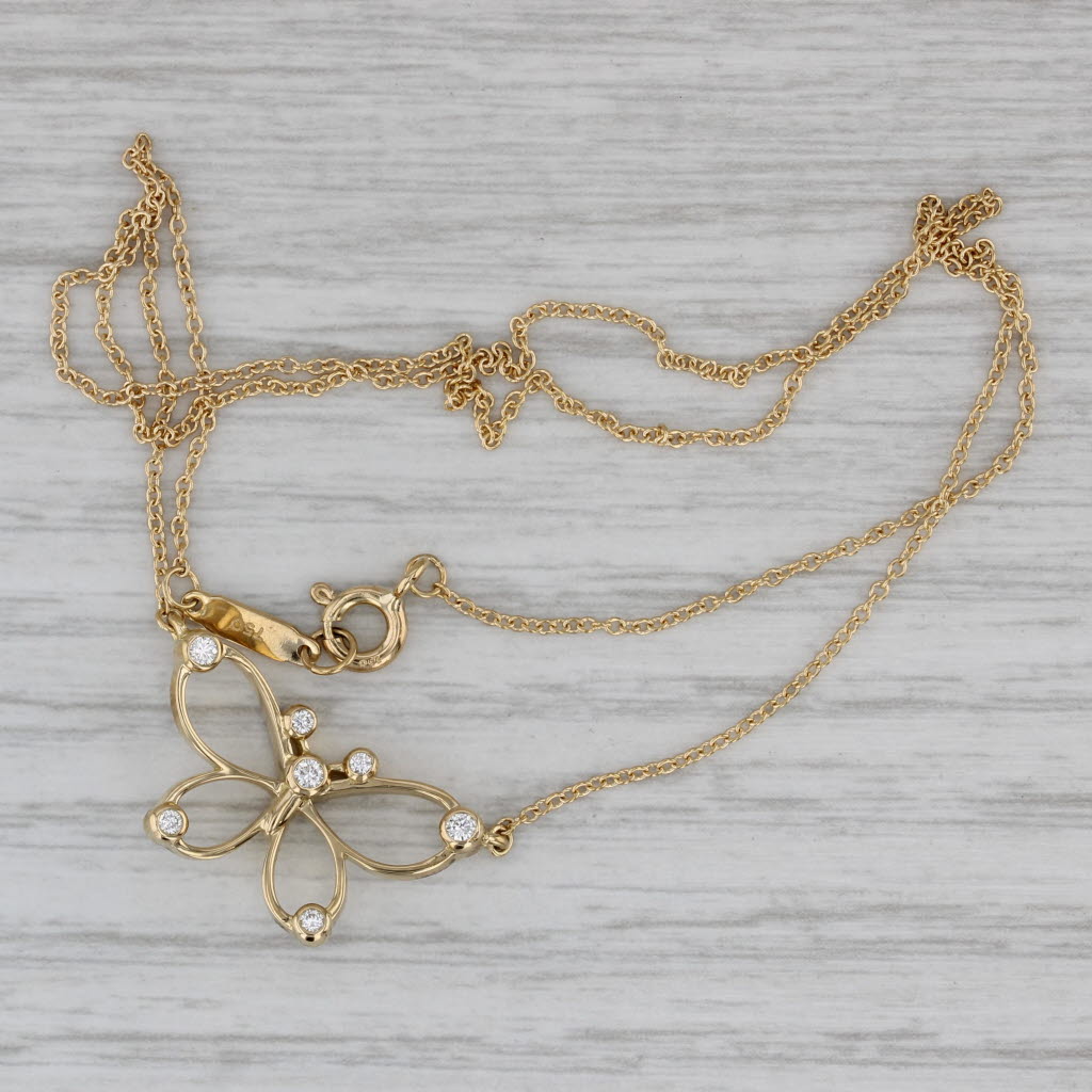 Gray Tiffany & Co Butterfly Pendant Necklace 0.11ctw 18k Gold 16" Cable Chain