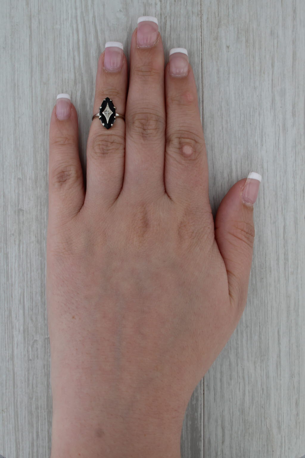 Vintage Onyx Diamond Signet Ring 10k White Gold Size 3