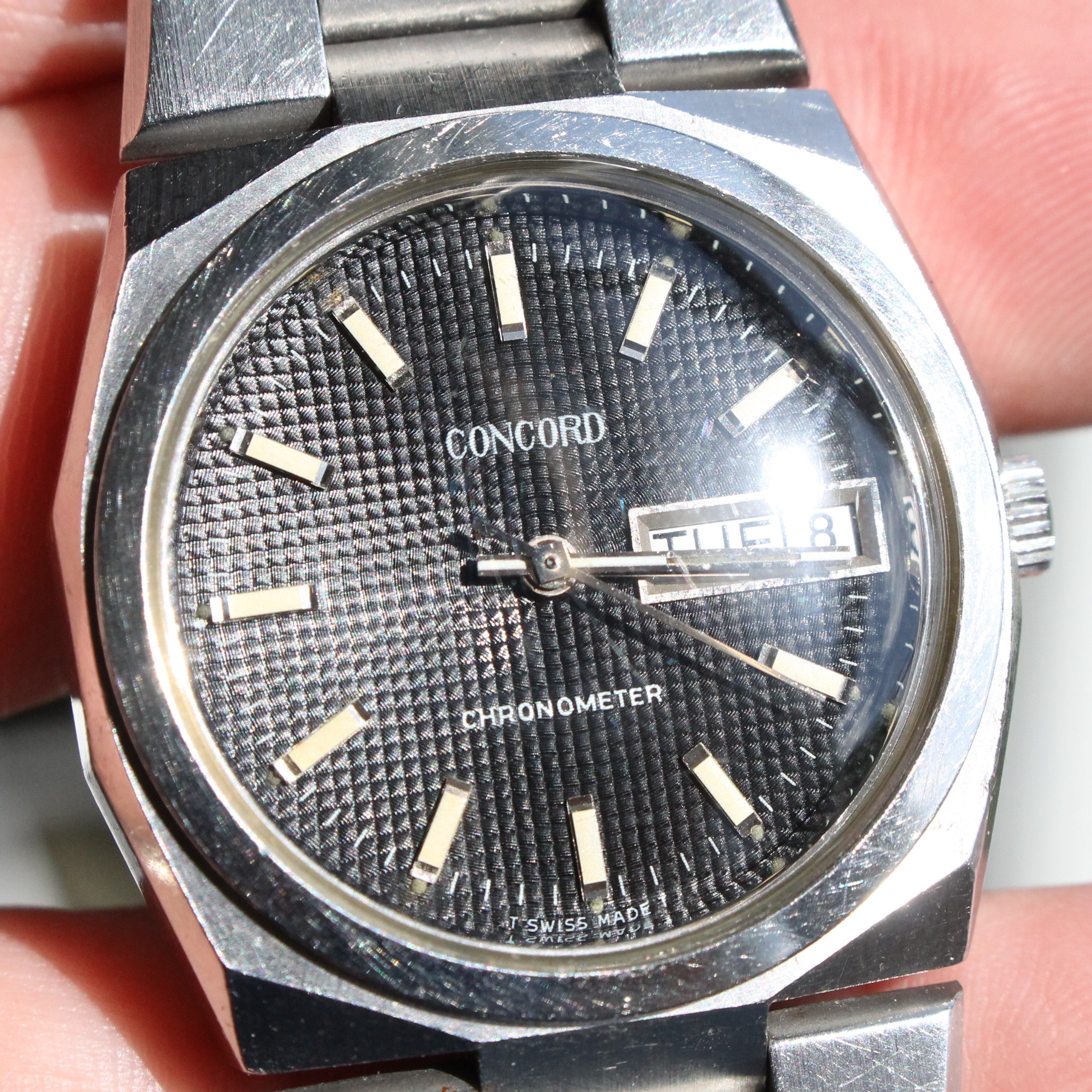 Gray Vintage 1970's Concord Chronometer Mens Steel Integrated Sport Watch w Box COSC
