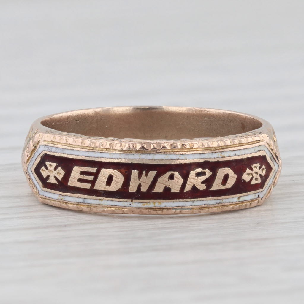 Light Gray Antique Name Cigar Band Style Ring 10k Yellow Gold Enamel Size 8.75 Edward