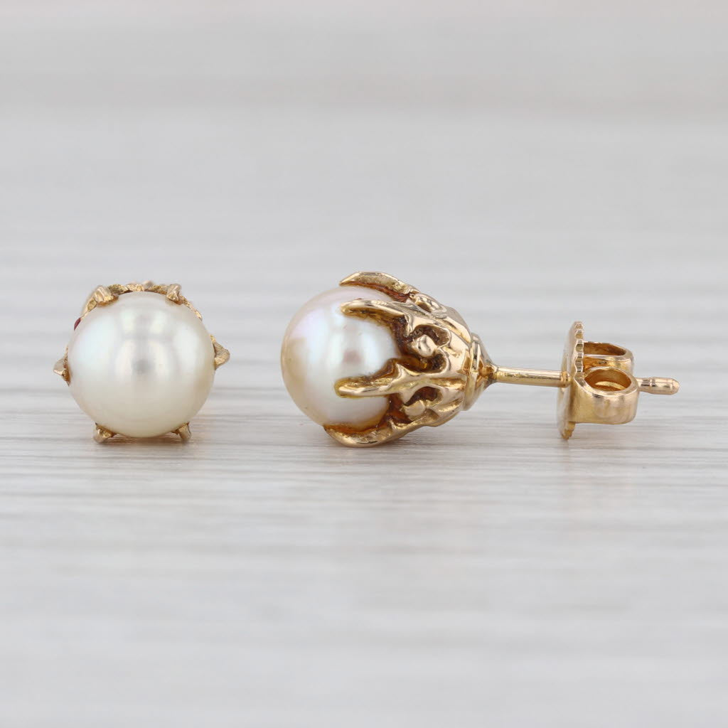 Ornate Vintage Cultured 7mm Pearl Stud Earrings 14k Yellow Gold Studs
