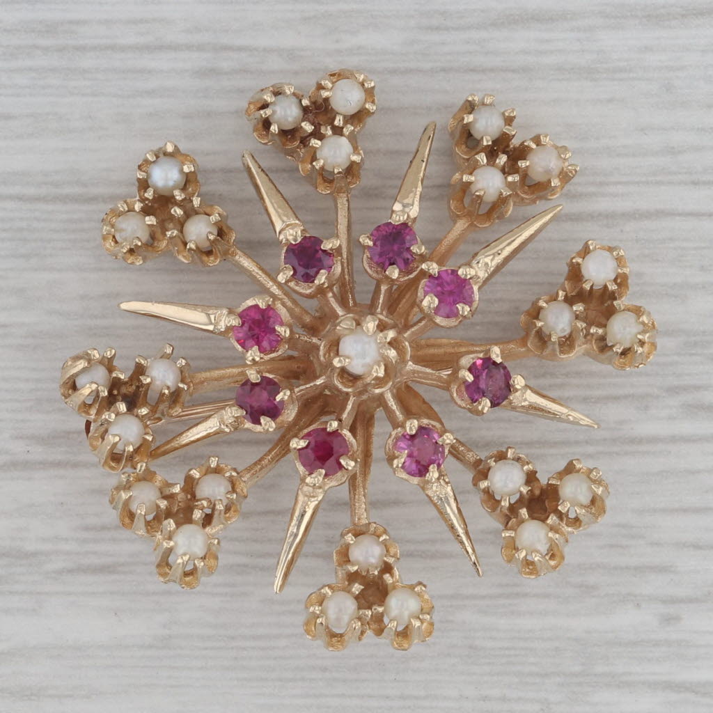 Dark Gray Vintage Ruby Opal Flower Brooch Pendant 14k 10k Yellow Gold Statement Pin