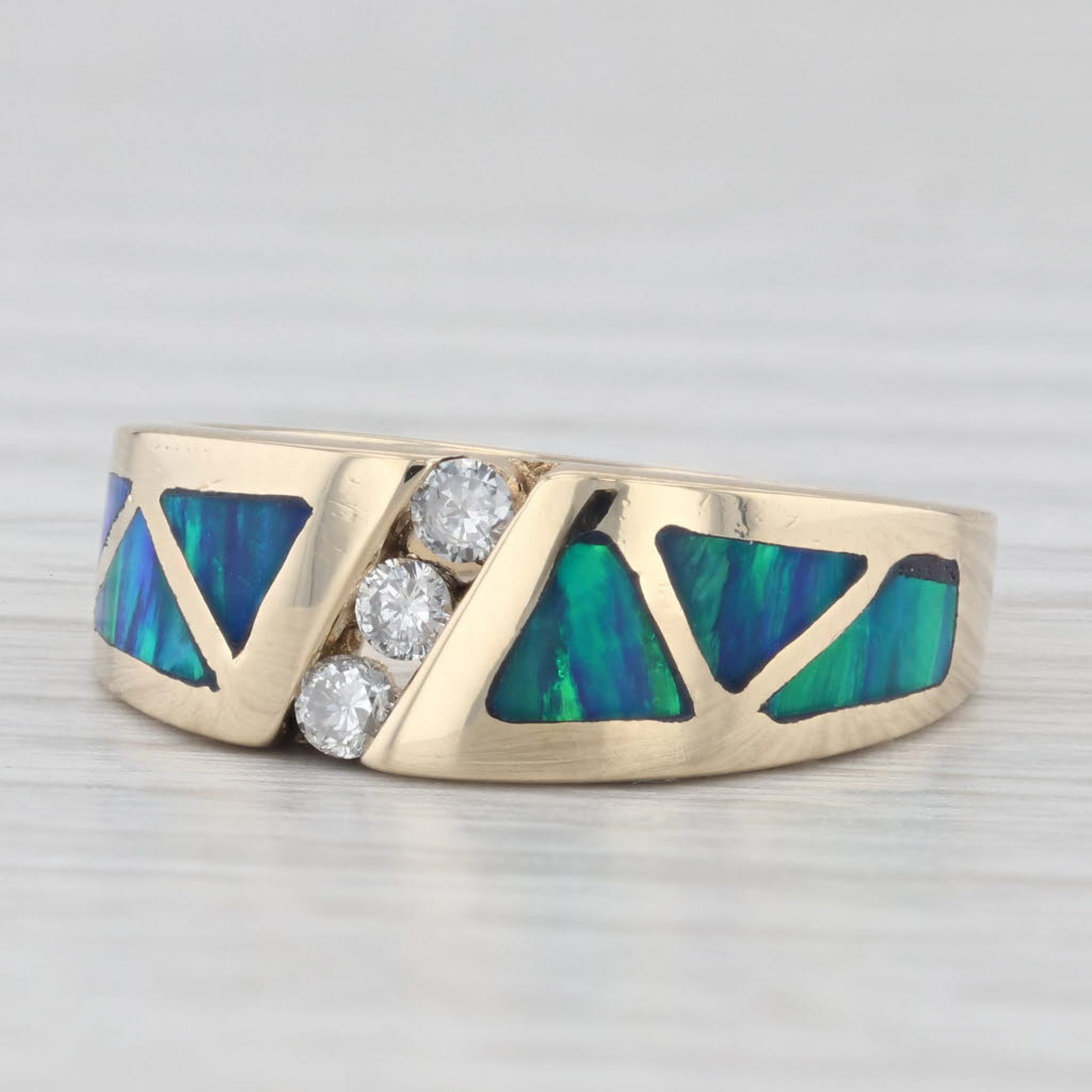 Light Gray Lab Created Blue Green Opal Mosaic Diamond Ring 14k Yellow Gold Size 6.25