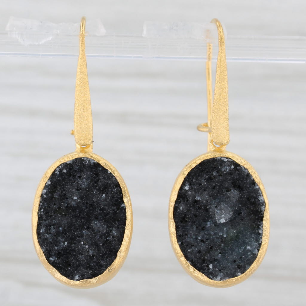 New Nina Wynn Black Druzy Quartz Dangle Earrings Sterling Silver Gold Plated