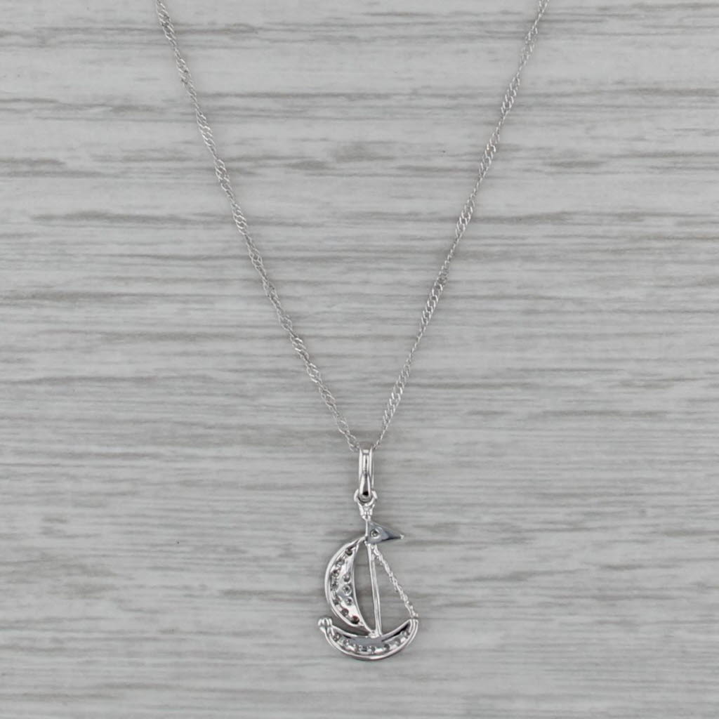 New Diamond Sailboat Pendant Necklace 14k White Gold 18" Singapore Chain