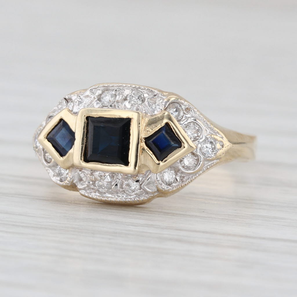 0.75ctw Blue 3-Stone Sapphire Diamond Halo Ring 10k Yellow Gold Size 6