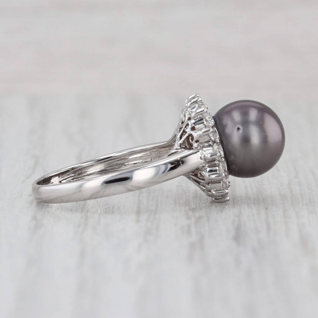 9.4mm Cultured Black Pearl 0.40ctw Diamond Halo Ring 18k White Gold Size 7