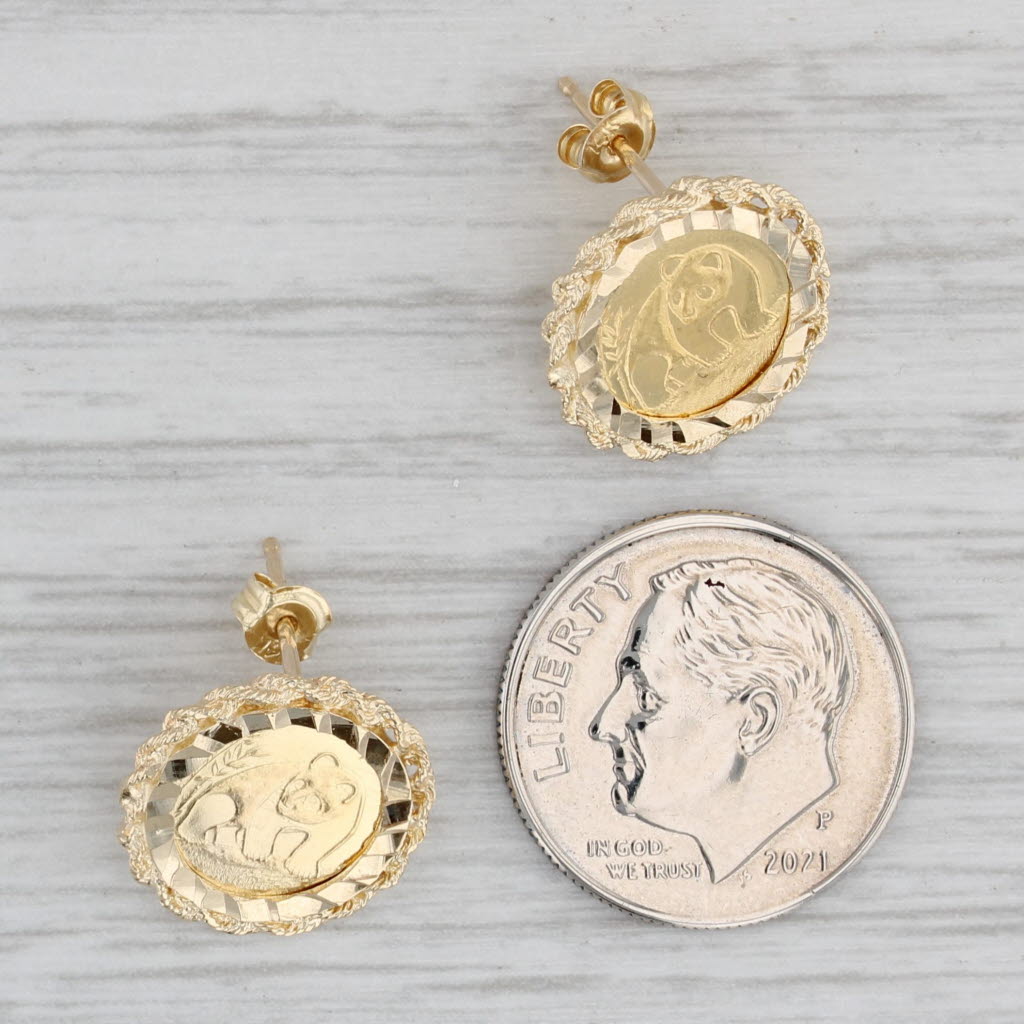 Gray Chinese Panda Coin Copy Stud Earrings 10k Yellow Gold