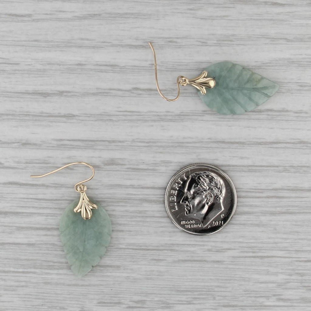Green Carved Jade Leaf Earrings 14k Yellow Gold Hook Posts