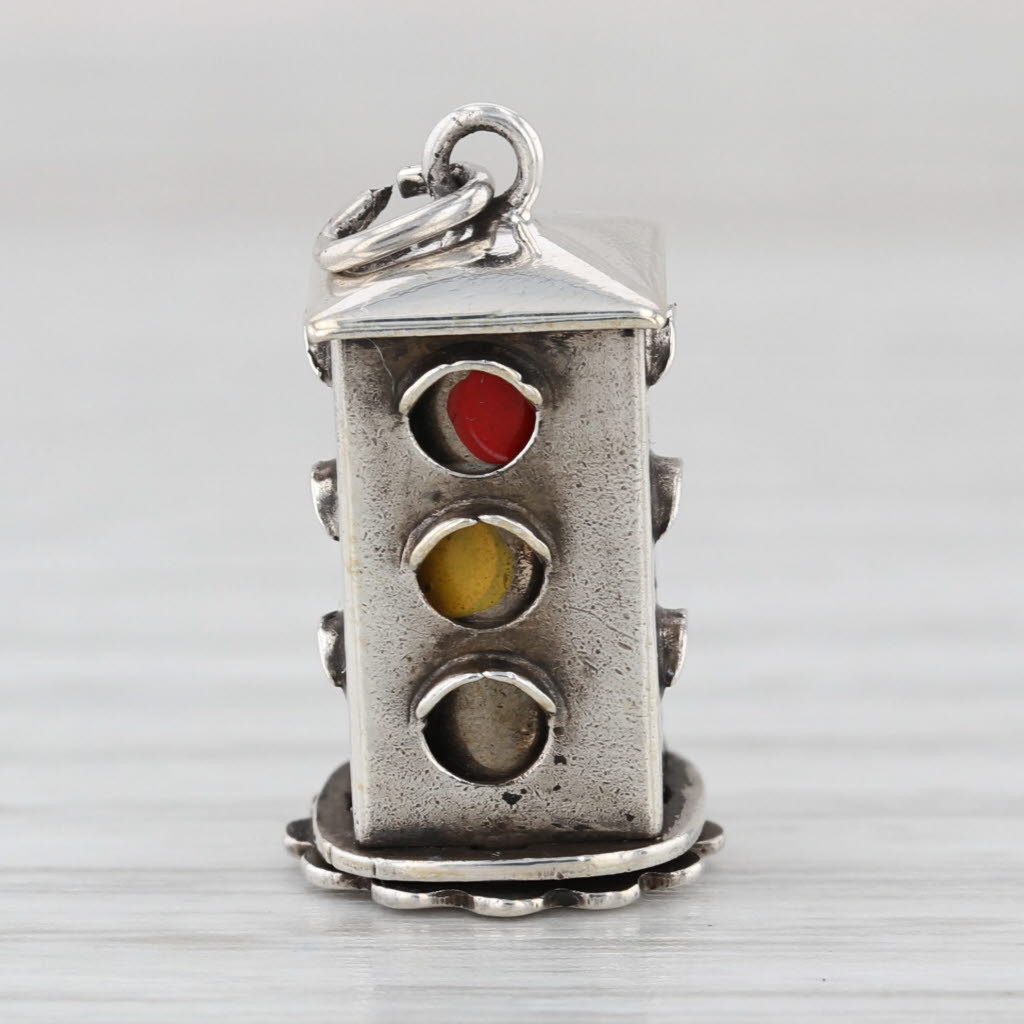 Vintage Stop Light Charm Sterling Silver Moving Parts Red Yellow Green Pendant