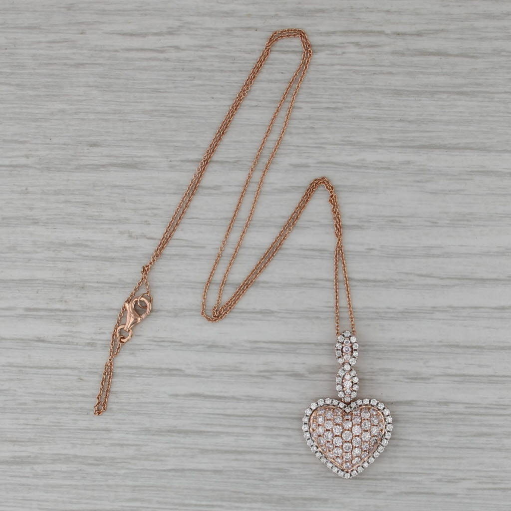 1.35ctw Diamond Pave Heart Pendant Necklace 14k Rose Gold 18" Cable Chain