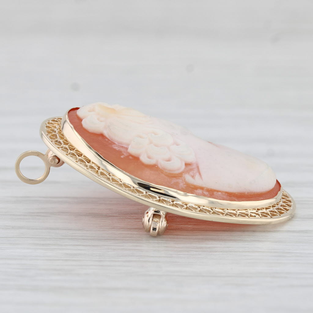 Light Gray Vintage Carved Shell Cameo Brooch Pendant 10k Yellow Gold Pin