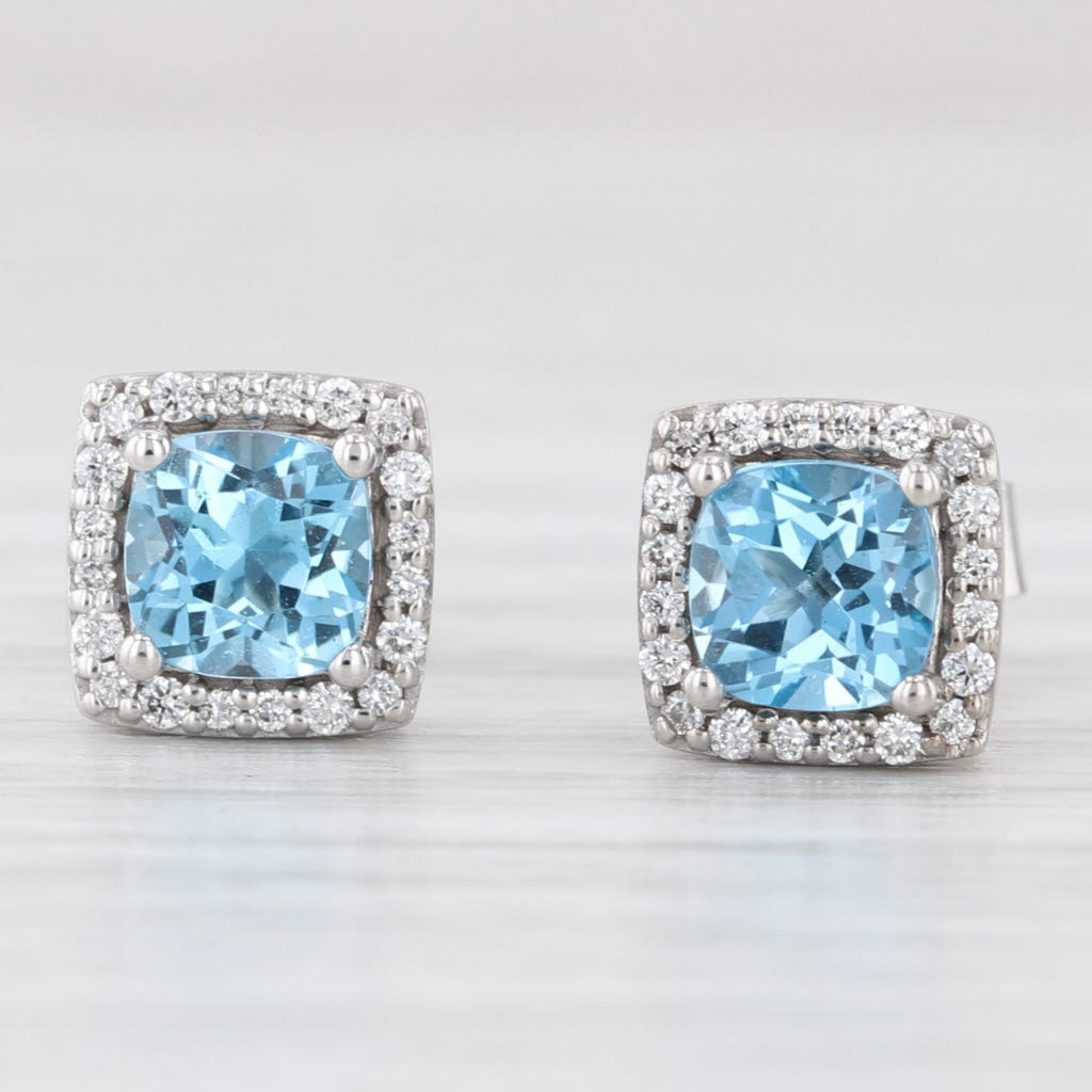 Light Gray 1.76ctw Cushion Blue Topaz Diamond Halo Stud Earrings 14k White Gold
