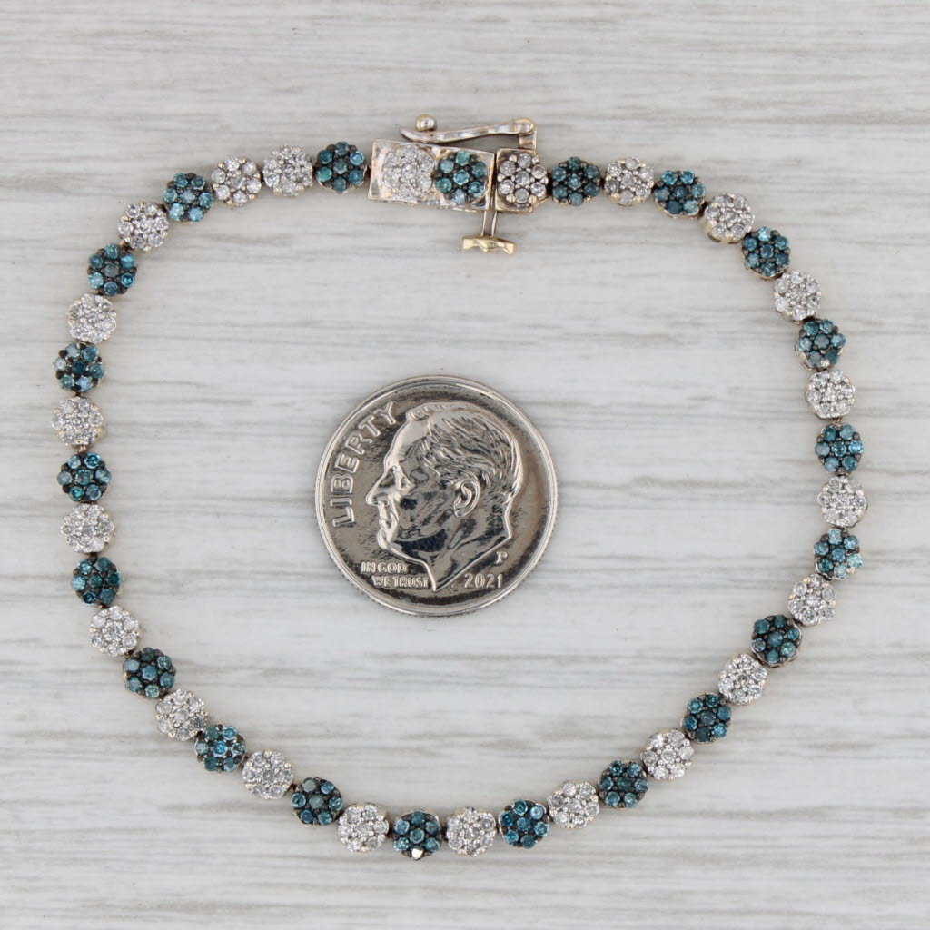 Gray 0.82ctw Blue White Diamond Flower Cluster Tennis Bracelet 10k Yellow Gold