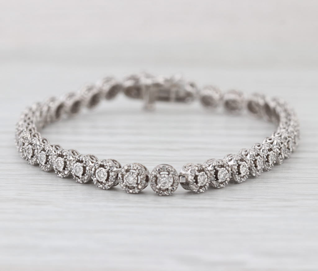 1ctw Diamond Halo Tennis Bracelet 10k White Gold 6.75" 4.8mm