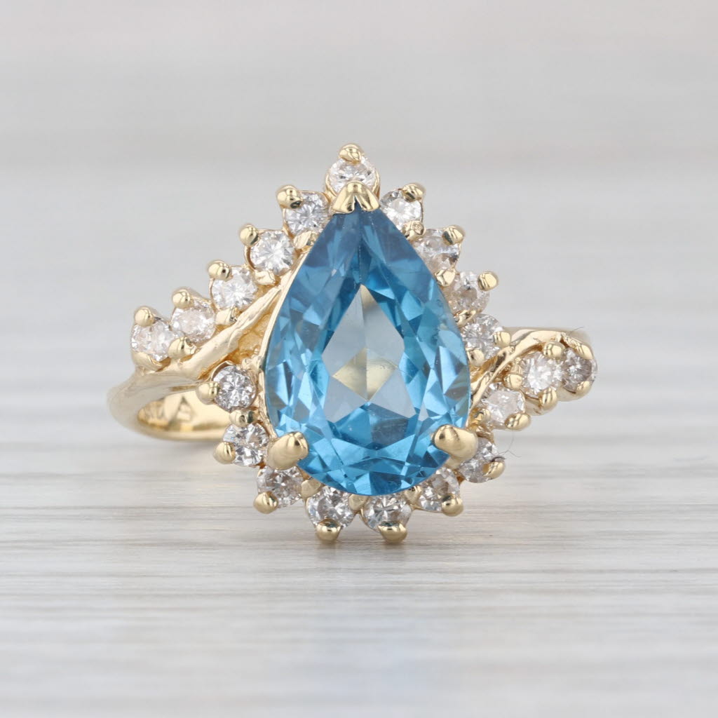 4ctw Pear Blue Topaz Halo Bypass Ring 14k Yellow Gold Size 6.75