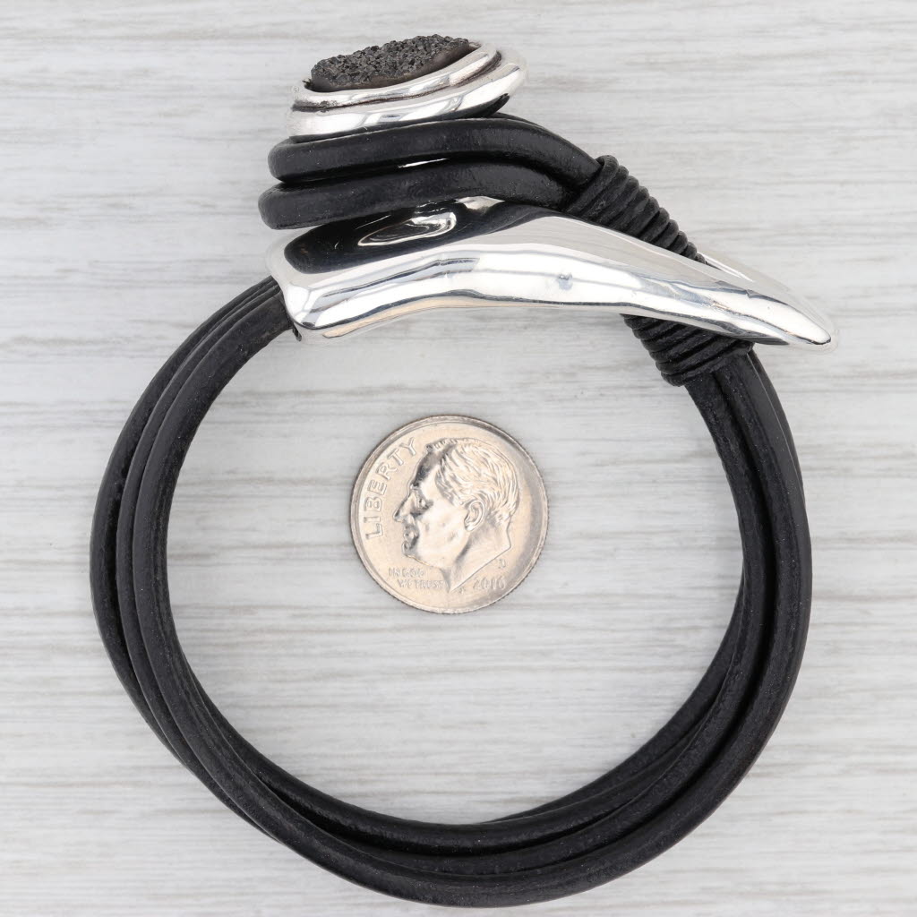 Light Gray Black Druzy Quartz Sterling Silver Black Cord 6.25" Statement