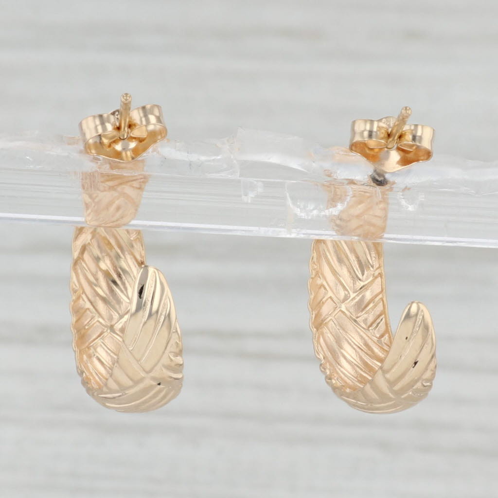 Light Gray Cross Hatch Half Hoop Earrings 14k Yellow Gold Pierced Drops