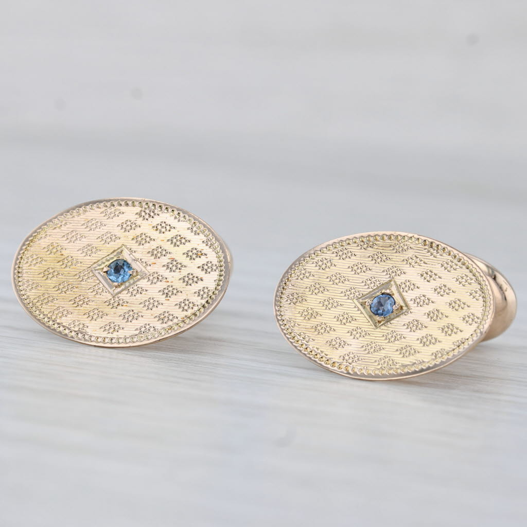 Light Gray Blue Sapphire Oval Cufflinks 14k Yellow Gold Suit Accessories