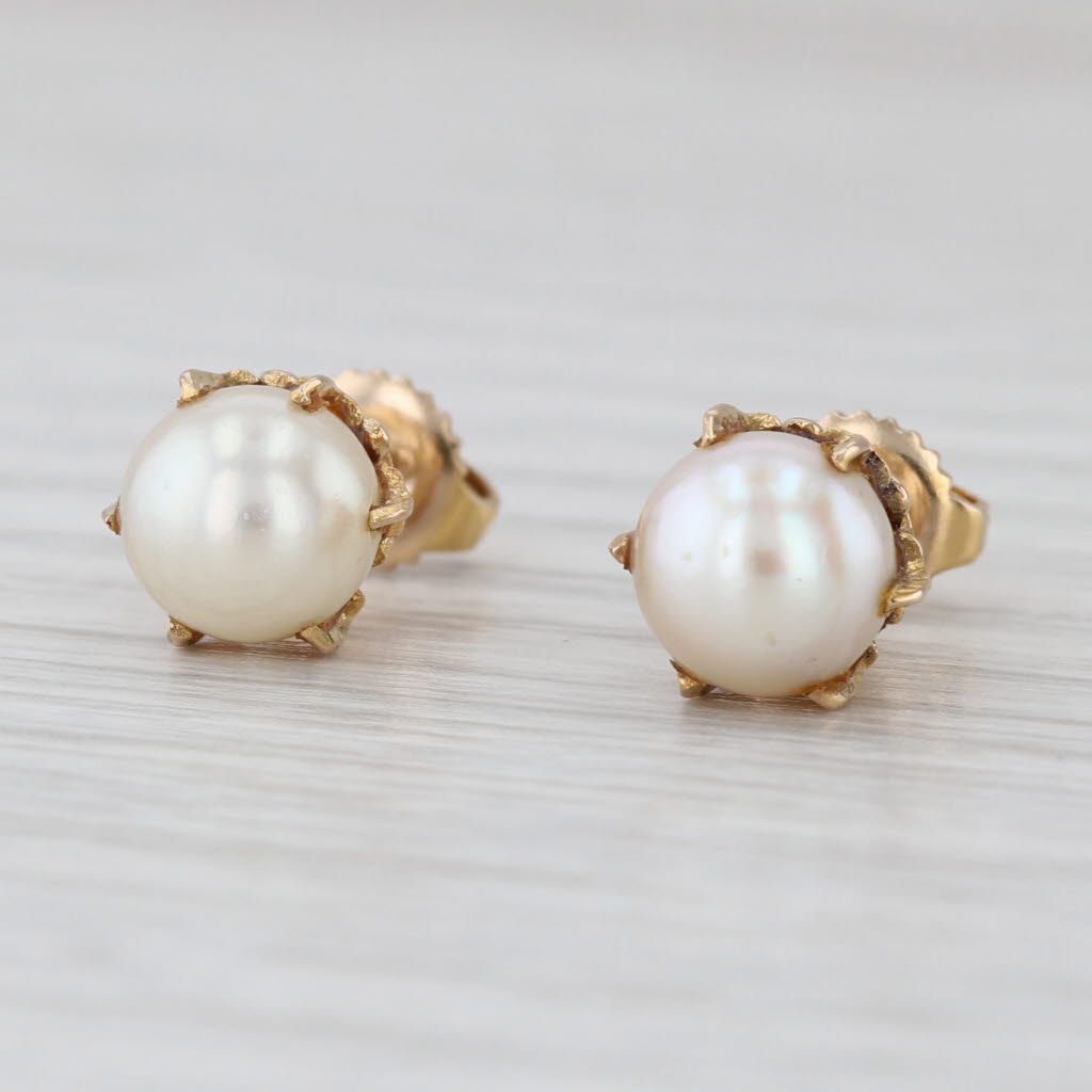 Ornate Vintage Cultured 7mm Pearl Stud Earrings 14k Yellow Gold Studs