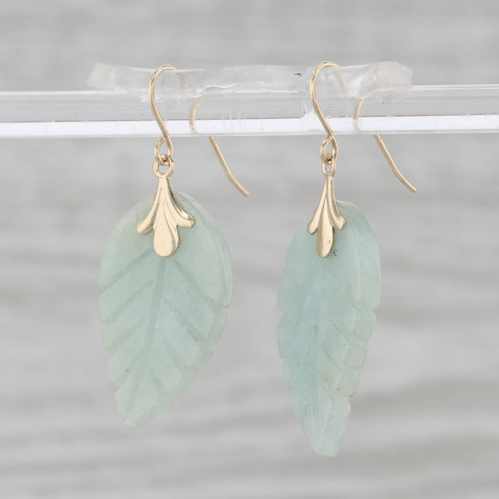 Green Carved Jade Leaf Earrings 14k Yellow Gold Hook Posts