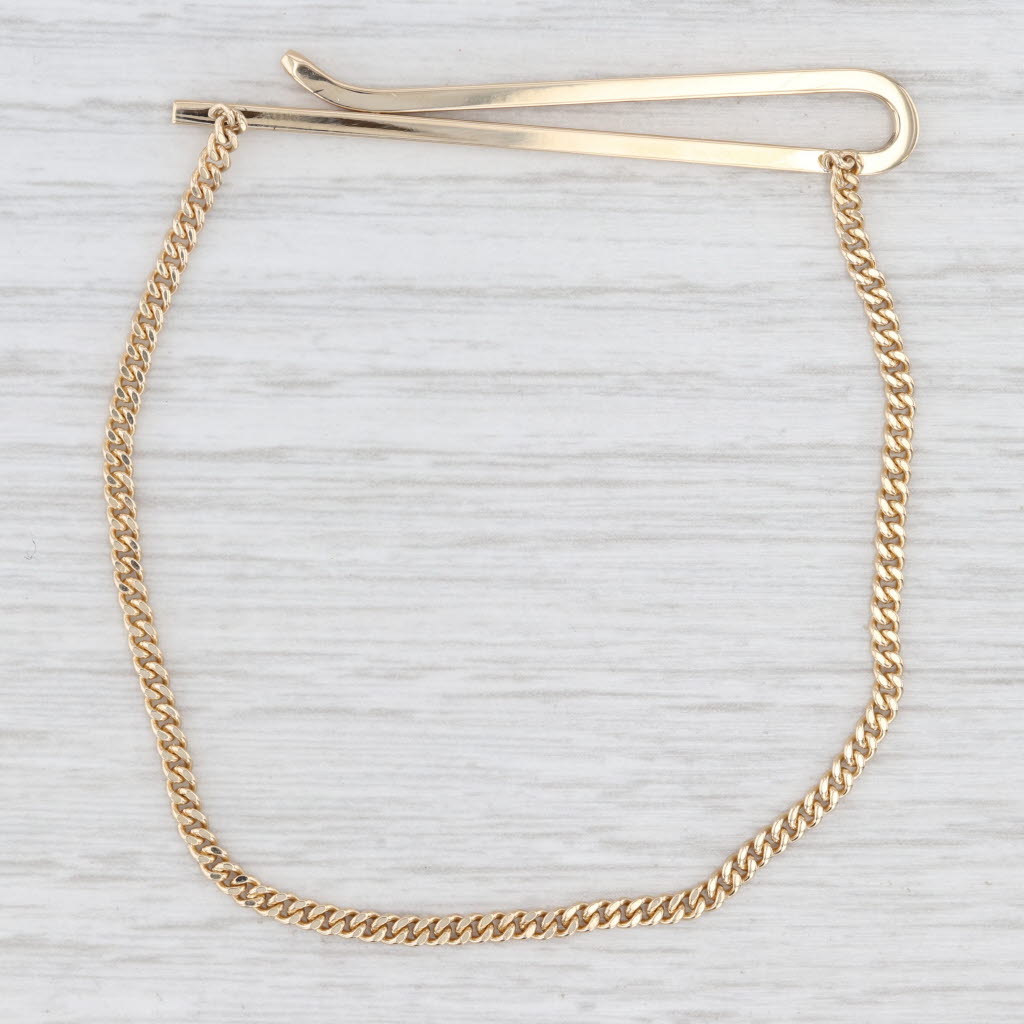 Light Gray Vintage Tiffany Tie Bar Clip with Chain 14k Yellow Gold Men's Suit Accessories