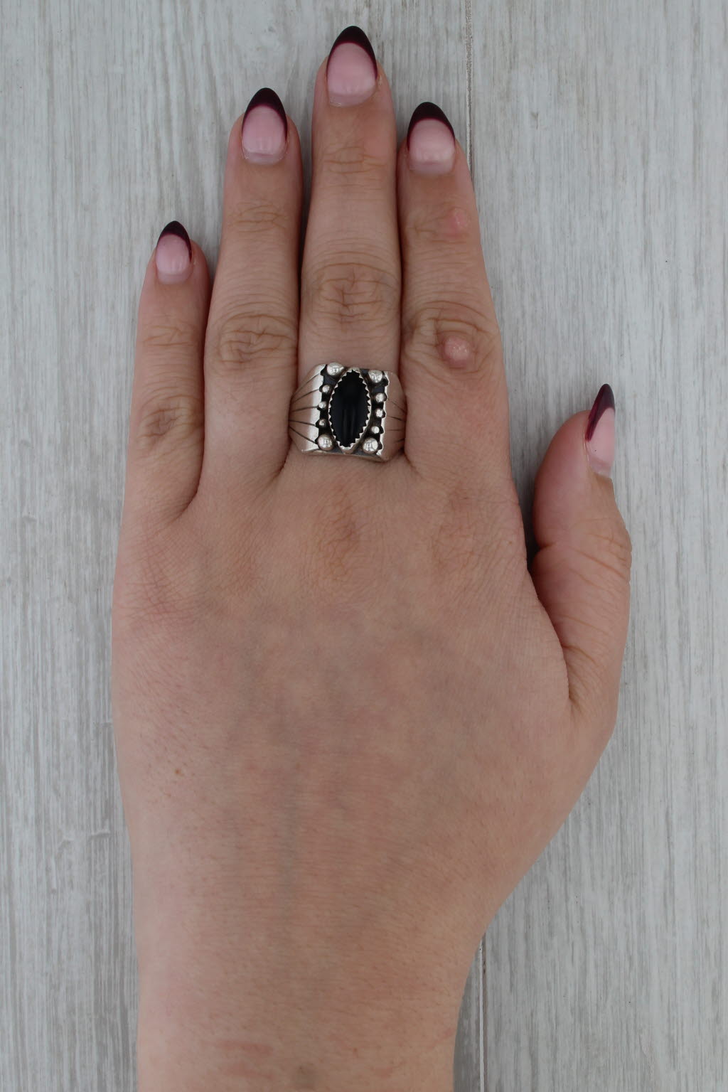 Vintage Native American Onyx Cabochon Ring Sterling Silver Size 11.5