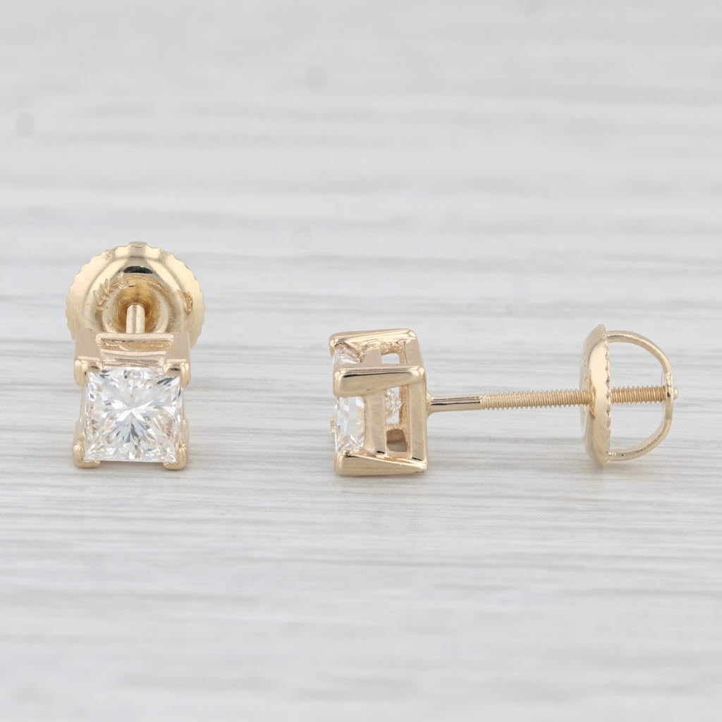 Light Gray 0.90ctw Diamond Princess Stud Earrings 14k Yellow Gold Solitaire Studs