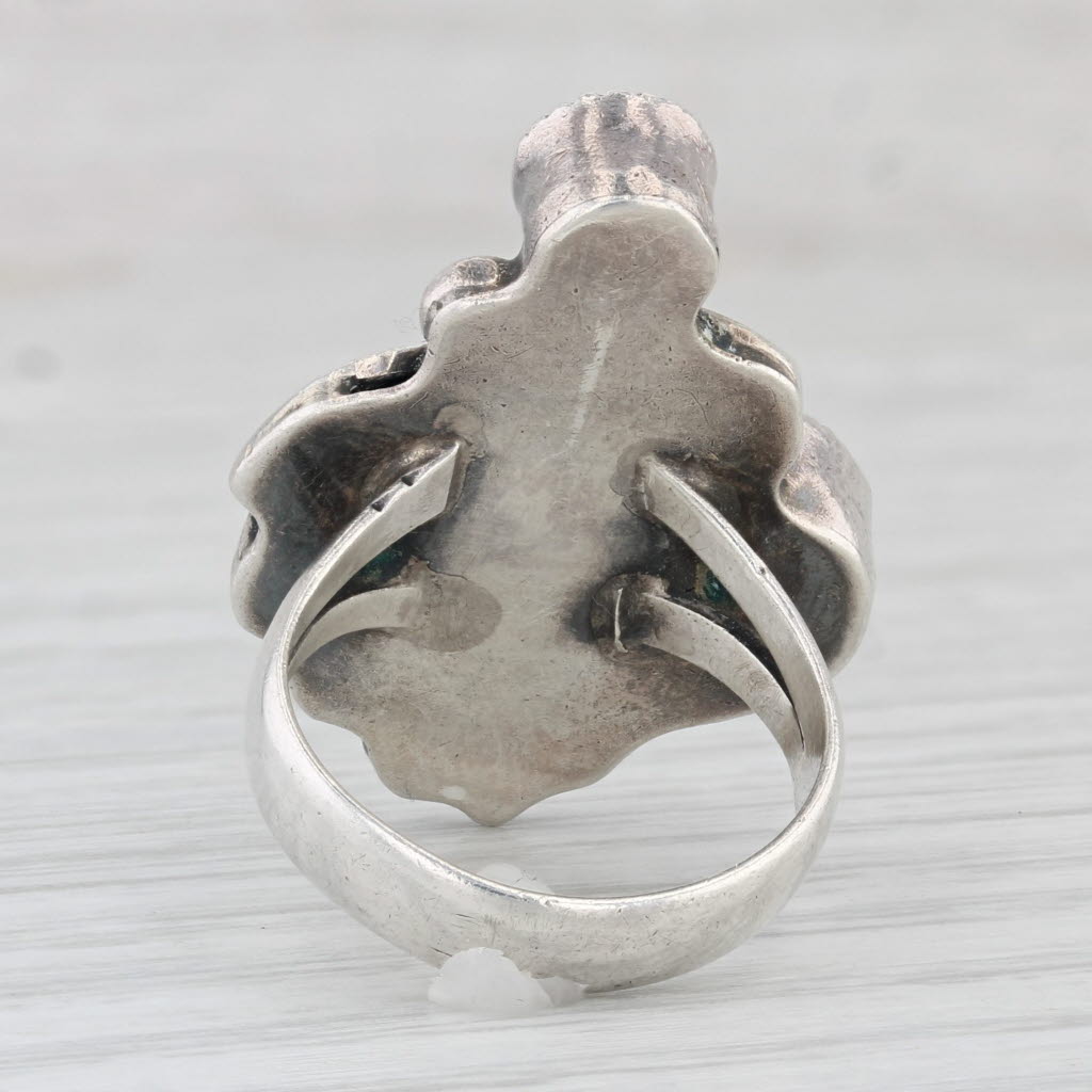 Light Gray Vintage Native American Turquoise Coral Leaf Statement Ring Sterling Silver