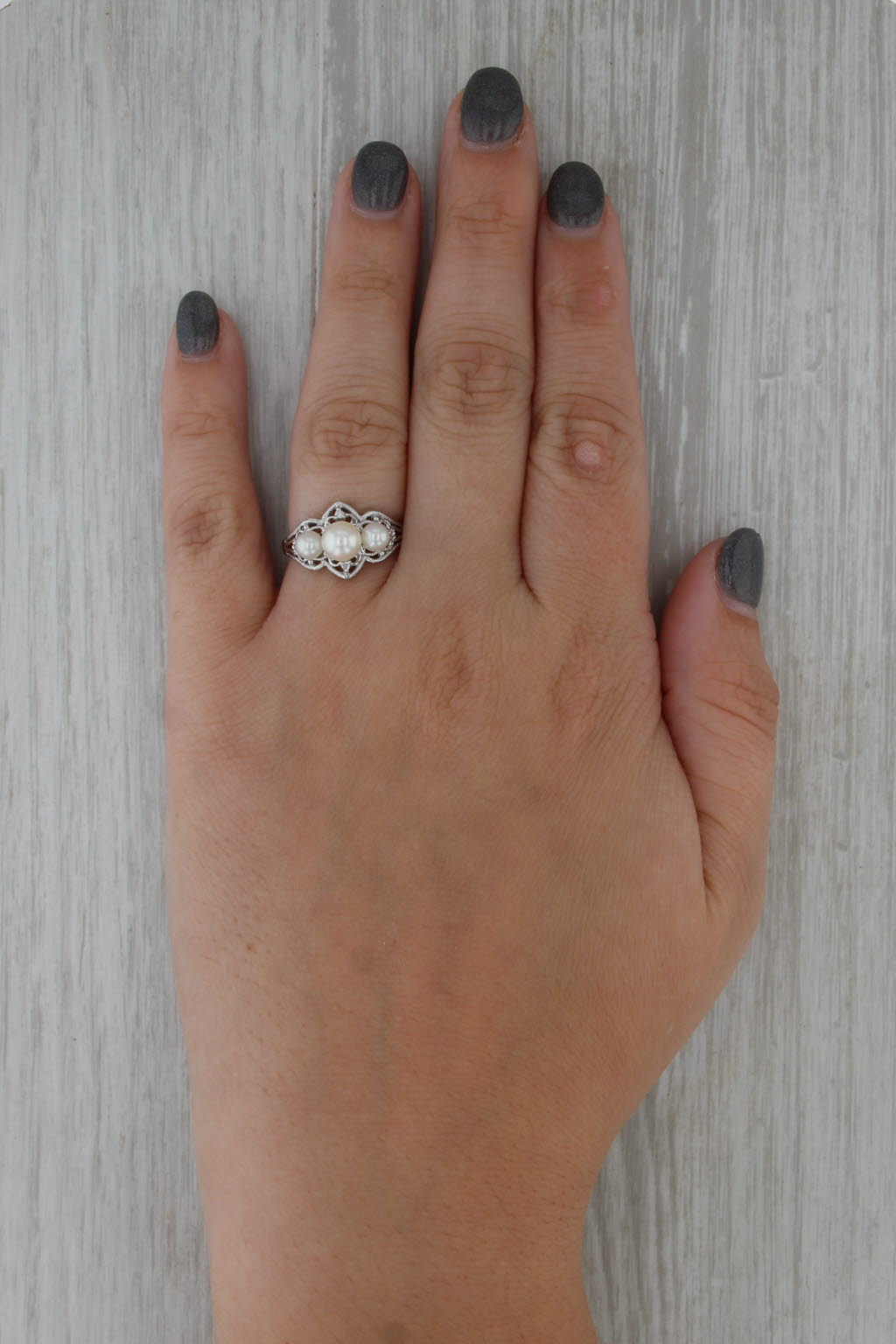 Cultured Pearl 3-Stone Diamond Ring 10k White Gold Size 6.75